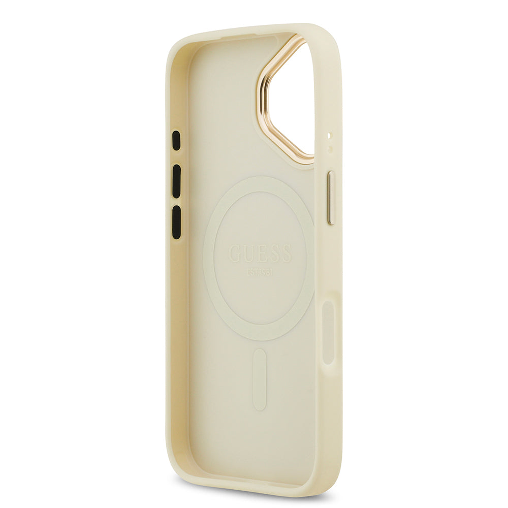 iPhone 17 Kılıf Guess Orjinal Lisanslı M-safe Şarj Özellikli Grained Yazı ve Taşlı 4G Logolu Kılıf