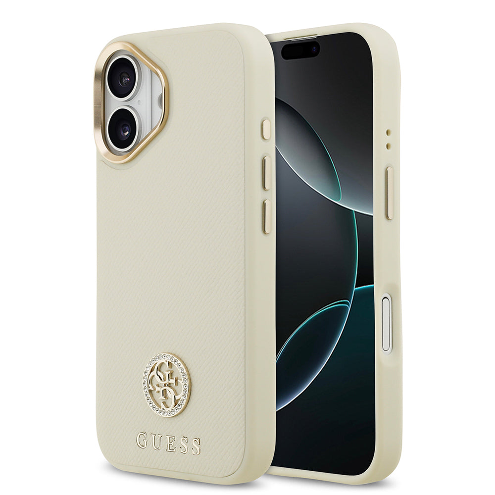 iPhone 17 Kılıf Guess Orjinal Lisanslı M-safe Şarj Özellikli Grained Yazı ve Taşlı 4G Logolu Kılıf