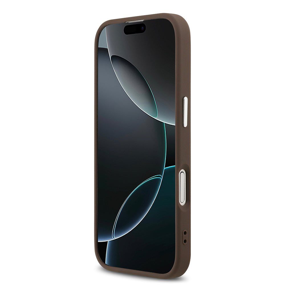 iPhone 17 Kılıf Guess Orjinal Lisanslı M-safe Şarj Özellikli Gümüş Metal Kamera Çerçeveli Üçgen Logo 4G Desenli Kılıf