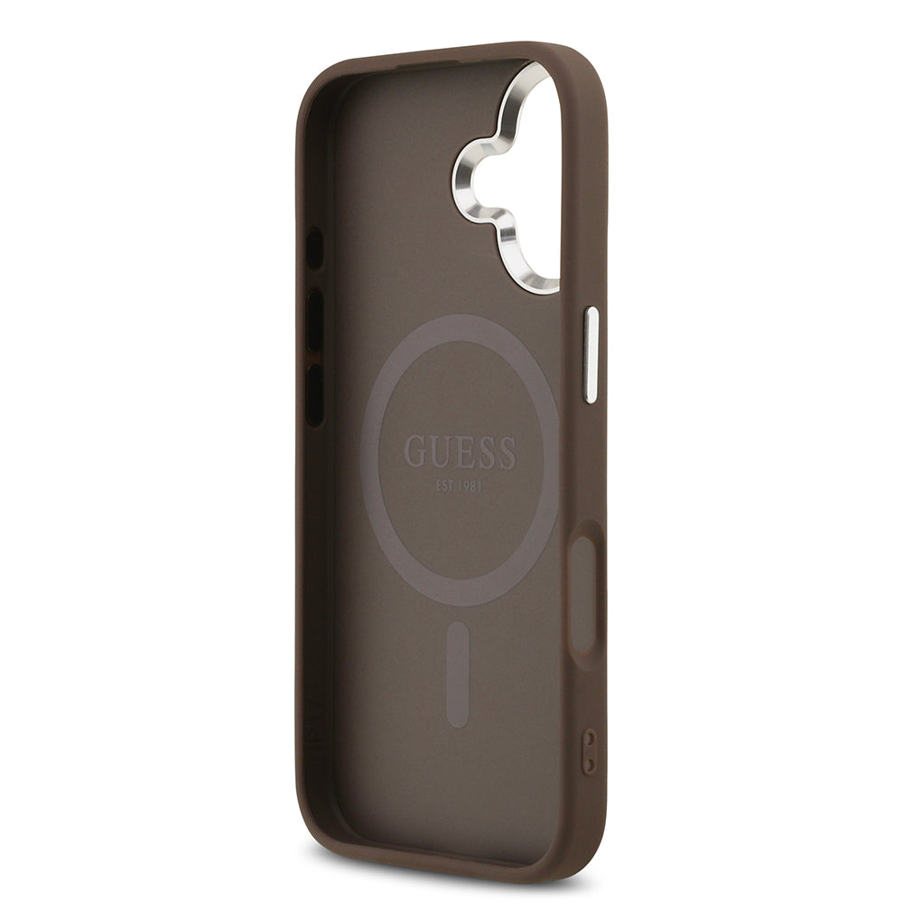 iPhone 17 Kılıf Guess Orjinal Lisanslı M-safe Şarj Özellikli Gümüş Metal Kamera Çerçeveli Üçgen Logo 4G Desenli Kılıf