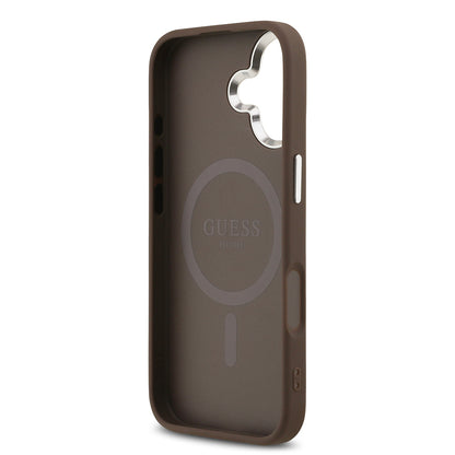 iPhone 17 Kılıf Guess Orjinal Lisanslı M-safe Şarj Özellikli Gümüş Metal Kamera Çerçeveli Üçgen Logo 4G Desenli Kılıf