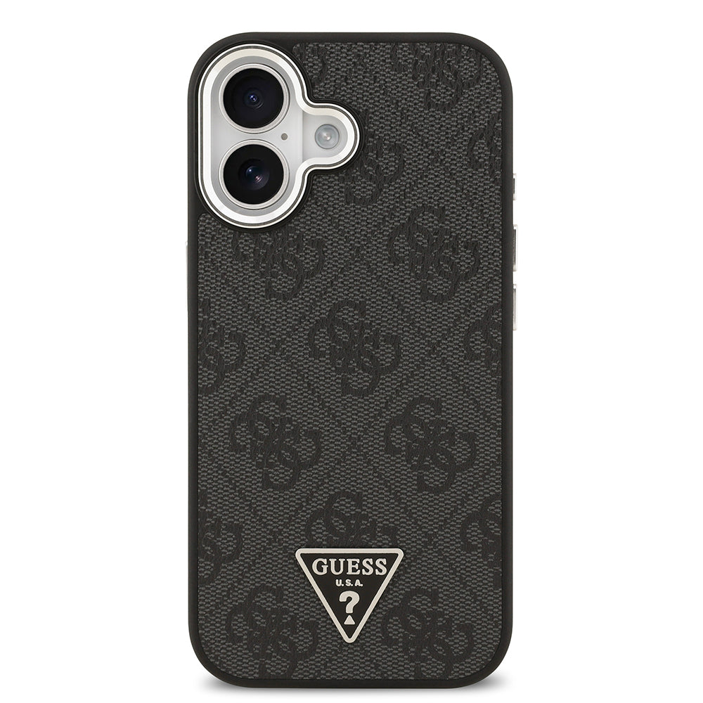 iPhone 17 Kılıf Guess Orjinal Lisanslı M-safe Şarj Özellikli Gümüş Metal Kamera Çerçeveli Üçgen Logo 4G Desenli Kılıf