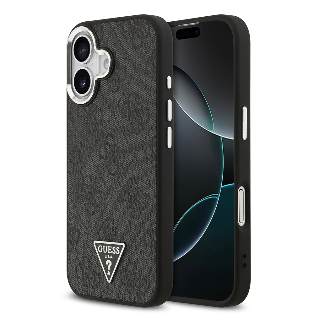 iPhone 17 Kılıf Guess Orjinal Lisanslı M-safe Şarj Özellikli Gümüş Metal Kamera Çerçeveli Üçgen Logo 4G Desenli Kılıf