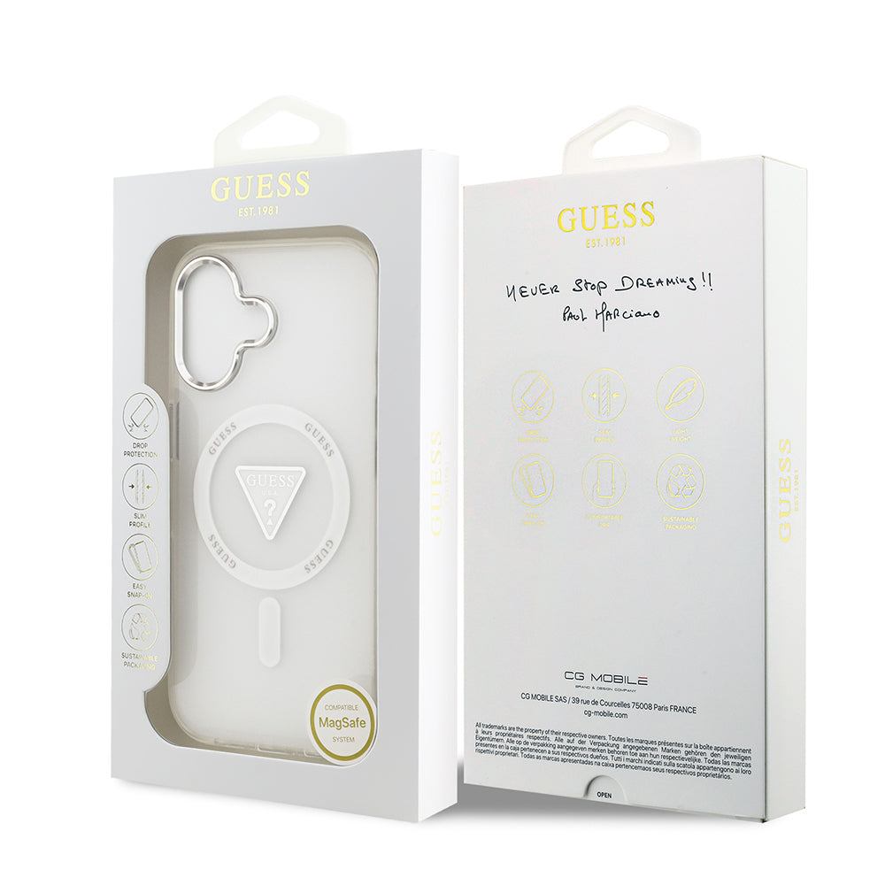 iPhone 17 Kılıf Guess Orjinal Lisanslı M-safe Şarj Özellikli IML Baskılı Üçgen Logolu Metal Kamera Çerçeveli Kılıf