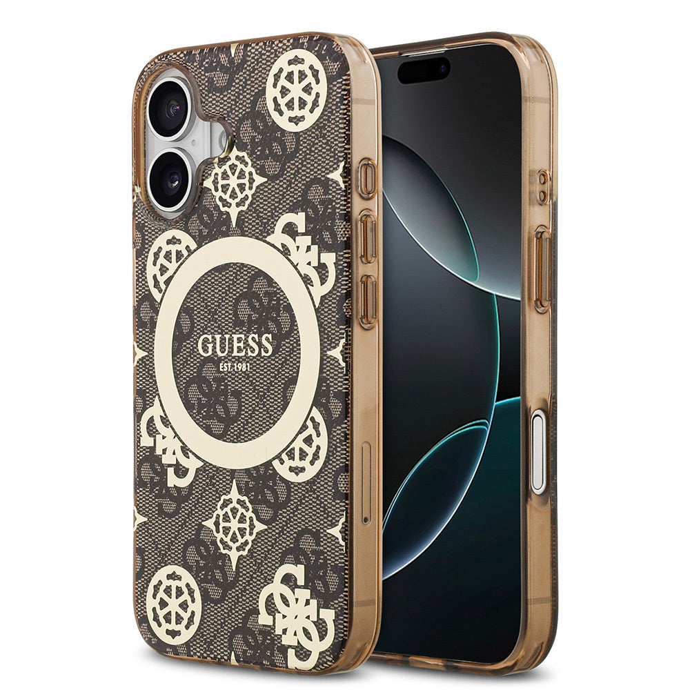 iPhone 17 Kılıf Guess Orjinal Lisanslı M-safe Şarj Özellikli IML Peony ve 4G Desenli Klasik Logolu Kılıf