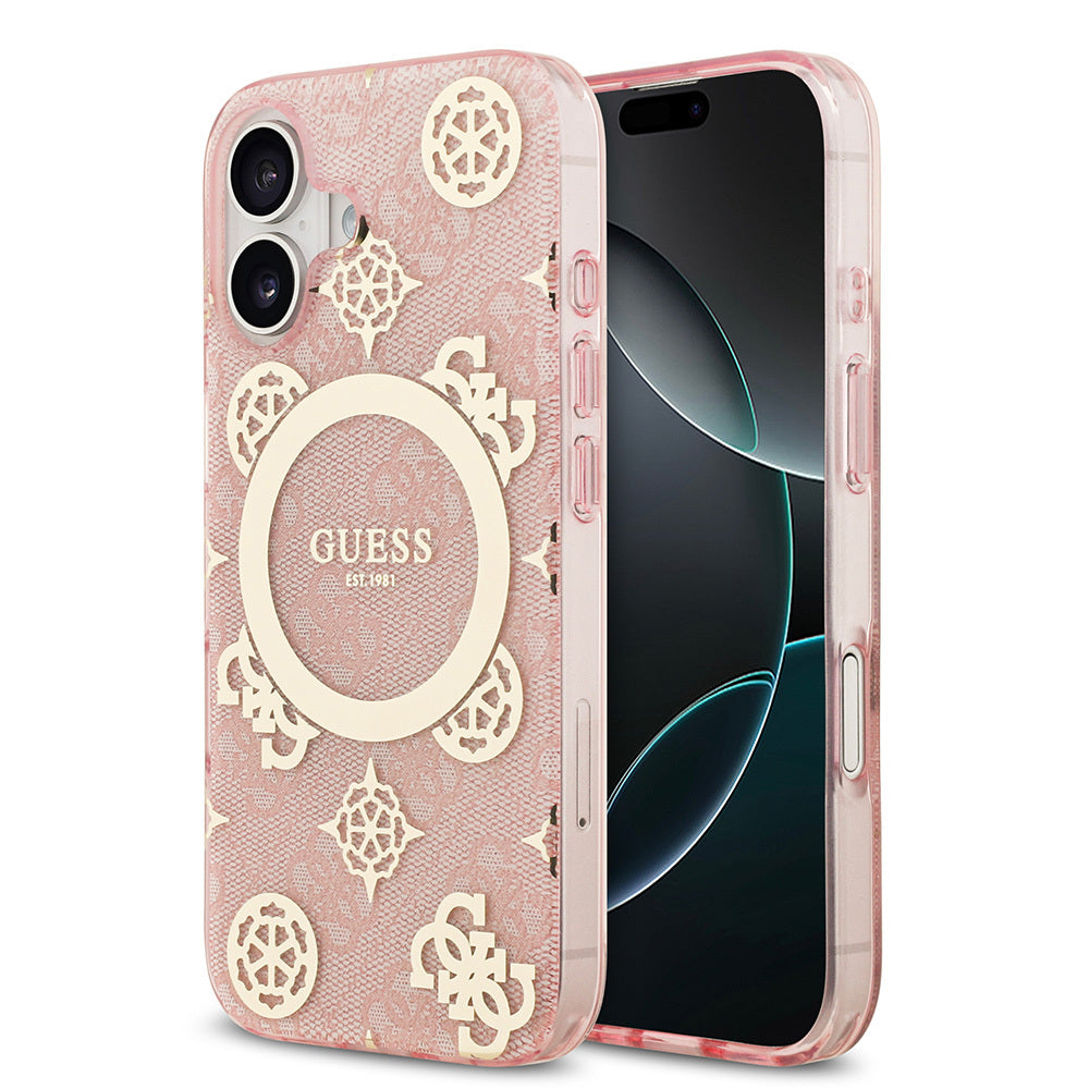 iPhone 17 Kılıf Guess Orjinal Lisanslı M-safe Şarj Özellikli IML Peony ve 4G Desenli Klasik Logolu Kılıf