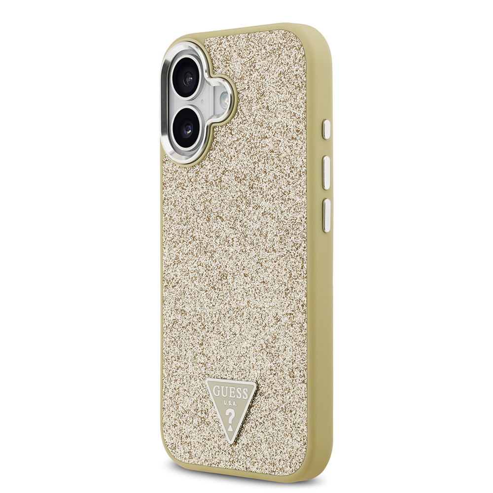 iPhone 17 Kılıf Guess Orjinal Lisanslı M-safe Şarj Özellikli Metal Kamera Çerçeveli Üçgen Logolu Glitter Kılıf