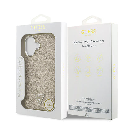 iPhone 17 Kılıf Guess Orjinal Lisanslı M-safe Şarj Özellikli Metal Kamera Çerçeveli Üçgen Logolu Glitter Kılıf