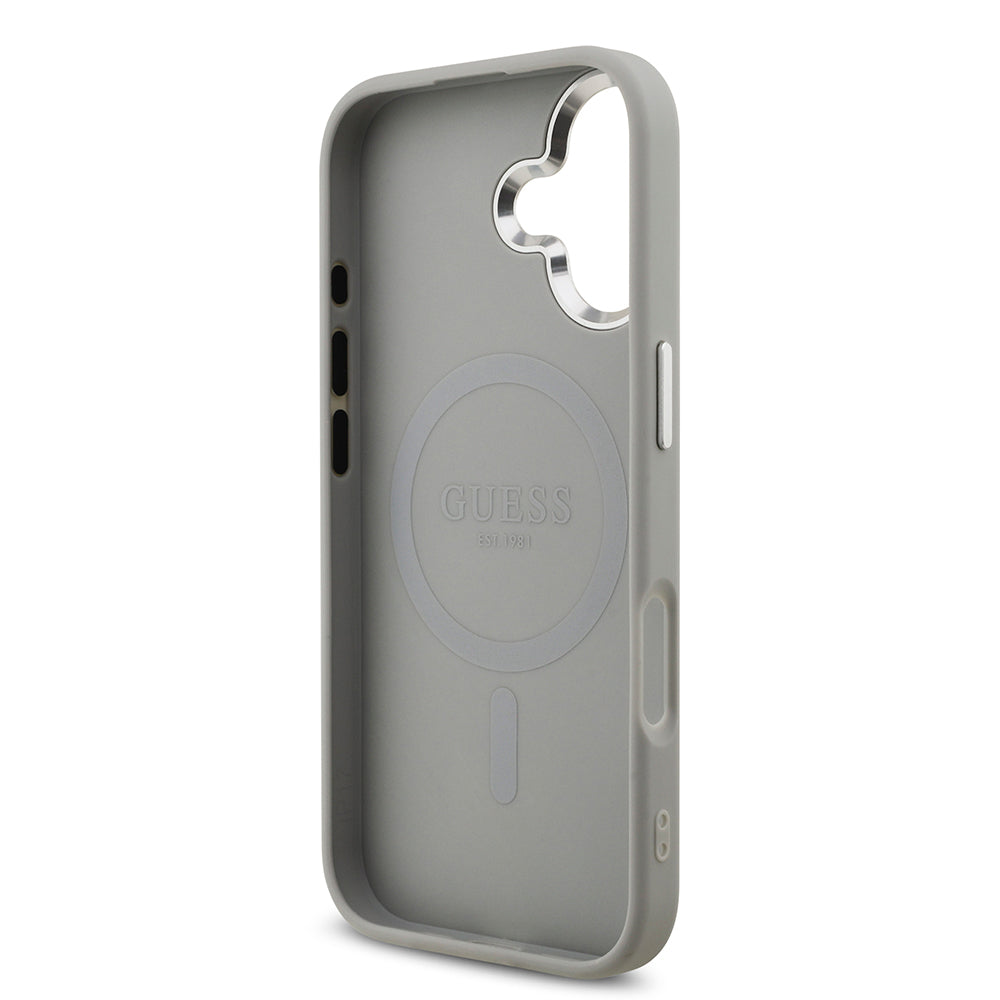 iPhone 17 Kılıf Guess Orjinal Lisanslı M-safe Şarj Özellikli Metal Kamera Çerçeveli Üçgen Logolu Glitter Kılıf