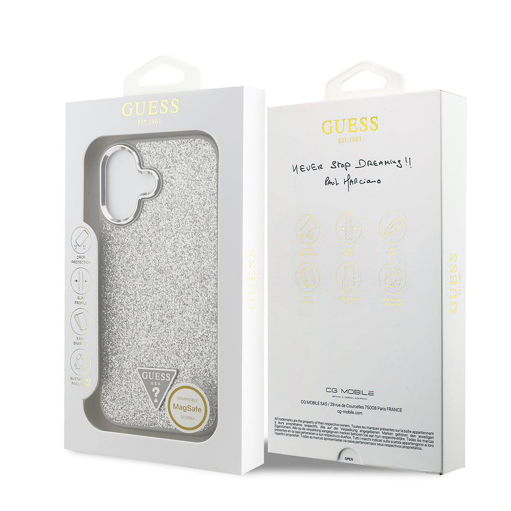 iPhone 17 Kılıf Guess Orjinal Lisanslı M-safe Şarj Özellikli Metal Kamera Çerçeveli Üçgen Logolu Glitter Kılıf