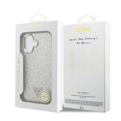 iPhone 17 Kılıf Guess Orjinal Lisanslı M-safe Şarj Özellikli Metal Kamera Çerçeveli Üçgen Logolu Glitter Kılıf