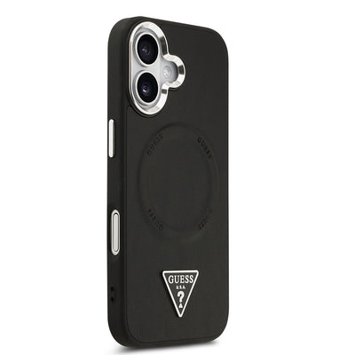 Apple iPhone 17 Kılıf Guess Orjinal Lisanslı M-safe Şarj Özellikli PU Deri Metal Kamera Çerçeveli Üçgen Logolu Kapak  Siyah