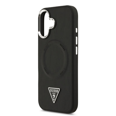 Apple iPhone 17 Kılıf Guess Orjinal Lisanslı M-safe Şarj Özellikli PU Deri Metal Kamera Çerçeveli Üçgen Logolu Kapak  Siyah