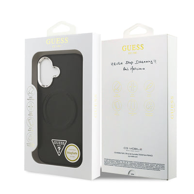 Apple iPhone 17 Kılıf Guess Orjinal Lisanslı M-safe Şarj Özellikli PU Deri Metal Kamera Çerçeveli Üçgen Logolu Kapak  Siyah