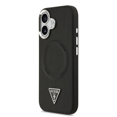Apple iPhone 17 Kılıf Guess Orjinal Lisanslı M-safe Şarj Özellikli PU Deri Metal Kamera Çerçeveli Üçgen Logolu Kapak  Siyah