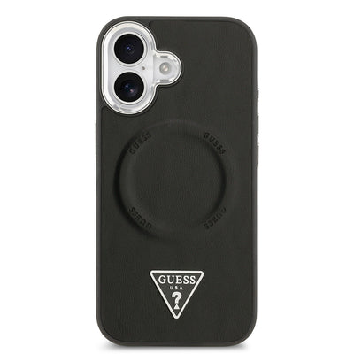 Apple iPhone 17 Kılıf Guess Orjinal Lisanslı M-safe Şarj Özellikli PU Deri Metal Kamera Çerçeveli Üçgen Logolu Kapak  Siyah