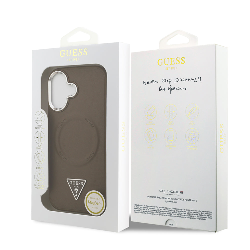 iPhone 17 Kılıf Guess Orjinal Lisanslı M-safe Şarj Özellikli PU Deri Metal Kamera Çerçeveli Üçgen Logolu Kılıf