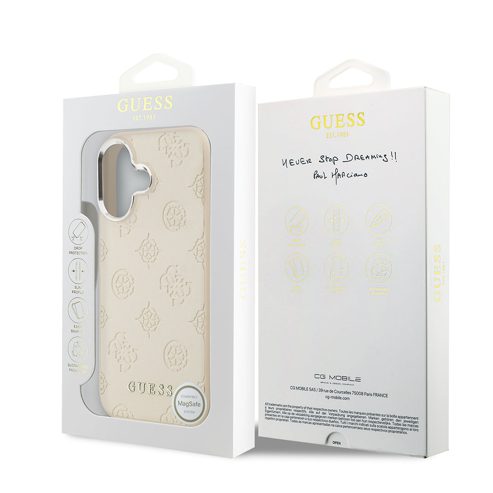 iPhone 17 Kılıf Guess Orjinal Lisanslı M-safe Şarj Özellikli Sıcak Baskılı Klasik Yazı Logolu PU Deri Peony Kılıf