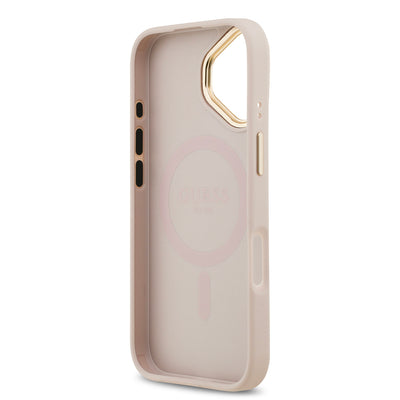 Apple iPhone 17 Kılıf Guess Orjinal Lisanslı M-safe Şarj Özellikli Sıcak Baskılı Yazı Logolu PU Deri Peony Kapak Pembe