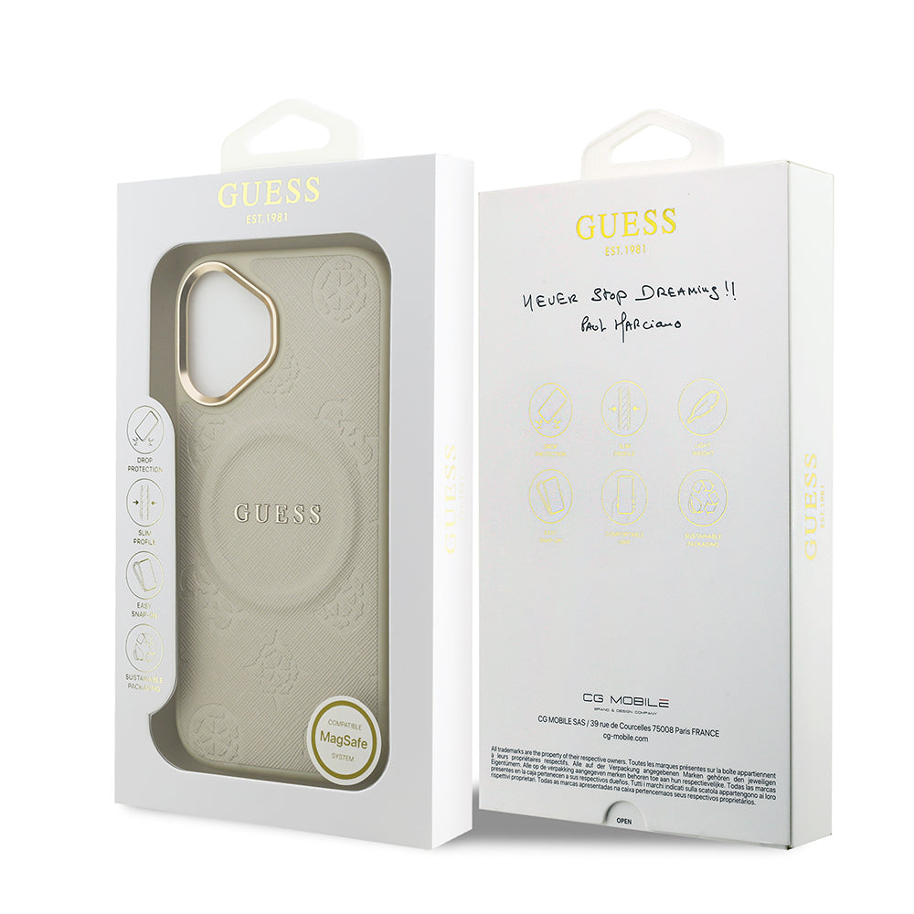 iPhone 17 Kılıf Guess Orjinal Lisanslı M-safe Şarj Özellikli Sıcak Baskılı Yazı Logolu PU Deri Peony Kılıf