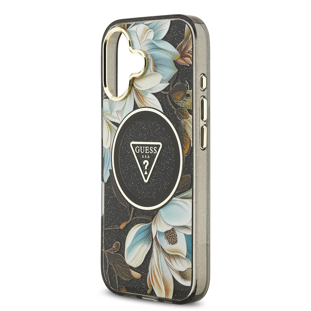 iPhone 17 Kılıf Guess Orjinal Lisanslı M-safe Şarj Özellikli Simli Çiçek Desenli Metal Kamera Çerçeveli Üçgen Logolu Kılıf
