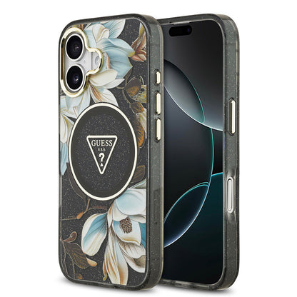 iPhone 17 Kılıf Guess Orjinal Lisanslı M-safe Şarj Özellikli Simli Çiçek Desenli Metal Kamera Çerçeveli Üçgen Logolu Kılıf