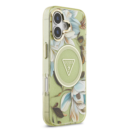 iPhone 17 Kılıf Guess Orjinal Lisanslı M-safe Şarj Özellikli Simli Çiçek Desenli Metal Kamera Çerçeveli Üçgen Logolu Kılıf