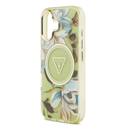 iPhone 17 Kılıf Guess Orjinal Lisanslı M-safe Şarj Özellikli Simli Çiçek Desenli Metal Kamera Çerçeveli Üçgen Logolu Kılıf