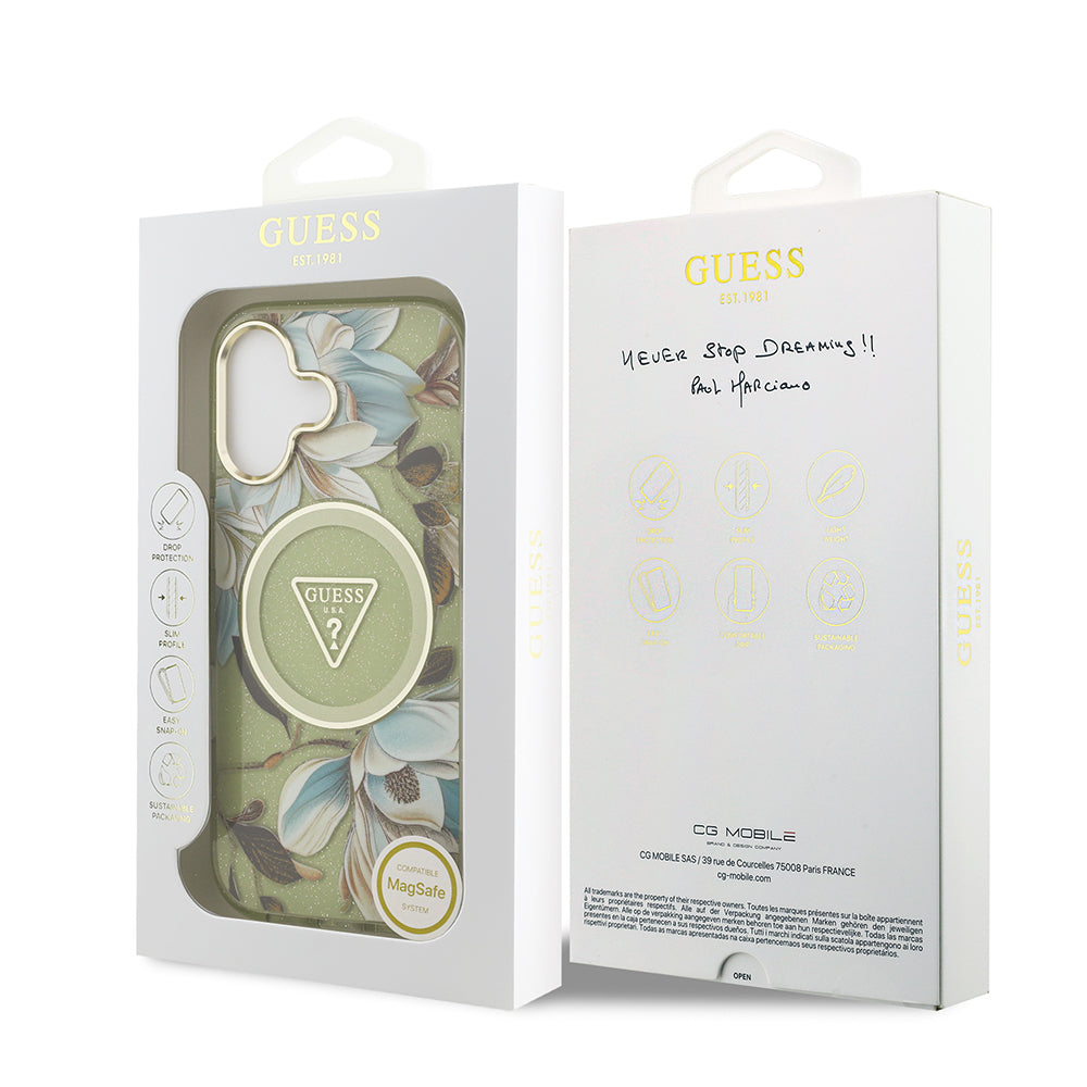 iPhone 17 Kılıf Guess Orjinal Lisanslı M-safe Şarj Özellikli Simli Çiçek Desenli Metal Kamera Çerçeveli Üçgen Logolu Kılıf