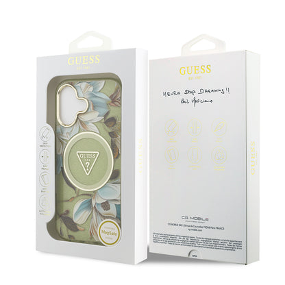 iPhone 17 Kılıf Guess Orjinal Lisanslı M-safe Şarj Özellikli Simli Çiçek Desenli Metal Kamera Çerçeveli Üçgen Logolu Kılıf