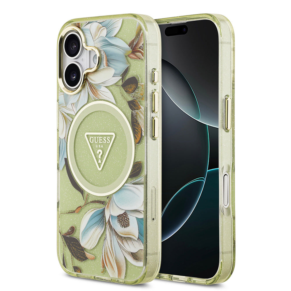 iPhone 17 Kılıf Guess Orjinal Lisanslı M-safe Şarj Özellikli Simli Çiçek Desenli Metal Kamera Çerçeveli Üçgen Logolu Kılıf