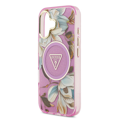 iPhone 17 Kılıf Guess Orjinal Lisanslı M-safe Şarj Özellikli Simli Çiçek Desenli Metal Kamera Çerçeveli Üçgen Logolu Kılıf