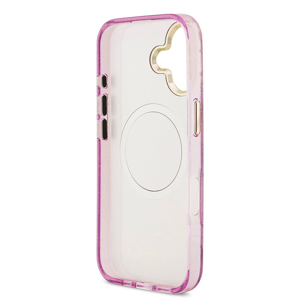 iPhone 17 Kılıf Guess Orjinal Lisanslı M-safe Şarj Özellikli Simli Çiçek Desenli Metal Kamera Çerçeveli Üçgen Logolu Kılıf