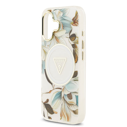 iPhone 17 Kılıf Guess Orjinal Lisanslı M-safe Şarj Özellikli Simli Çiçek Desenli Metal Kamera Çerçeveli Üçgen Logolu Kılıf