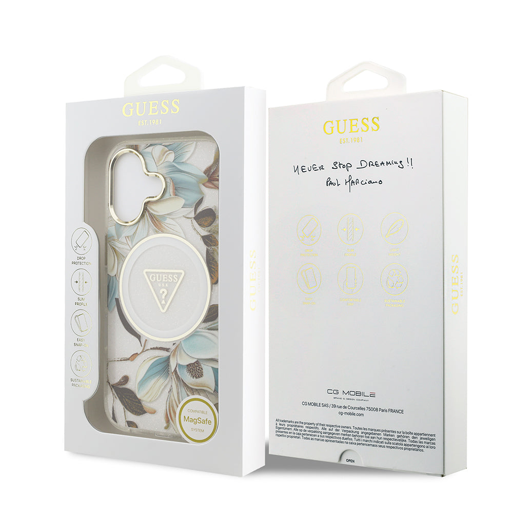 iPhone 17 Kılıf Guess Orjinal Lisanslı M-safe Şarj Özellikli Simli Çiçek Desenli Metal Kamera Çerçeveli Üçgen Logolu Kılıf