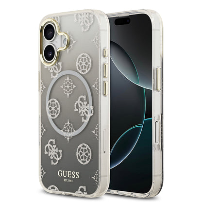 iPhone 17 Kılıf Guess Orjinal Lisanslı M-safe Şarj Özellikli Simli Peony Desenli Silikon Kılıf