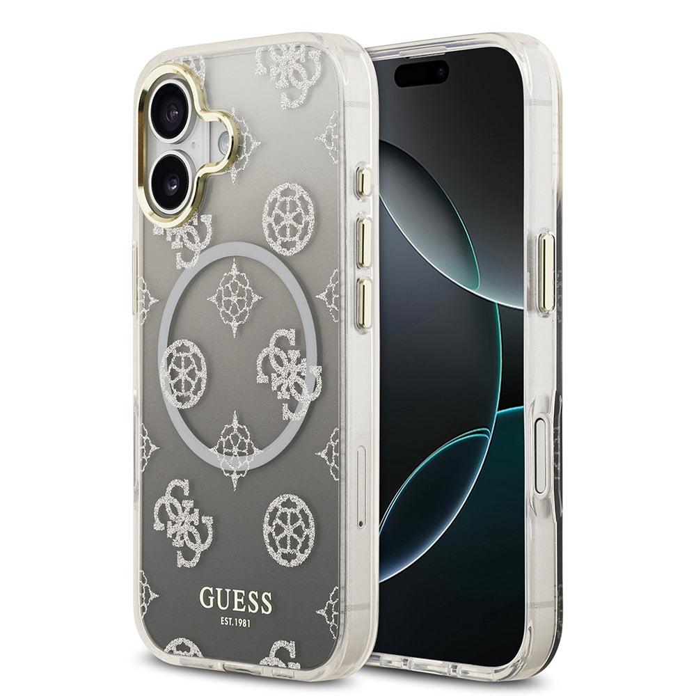 iPhone 17 Kılıf Guess Orjinal Lisanslı M-safe Şarj Özellikli Simli Peony Desenli Silikon Kılıf