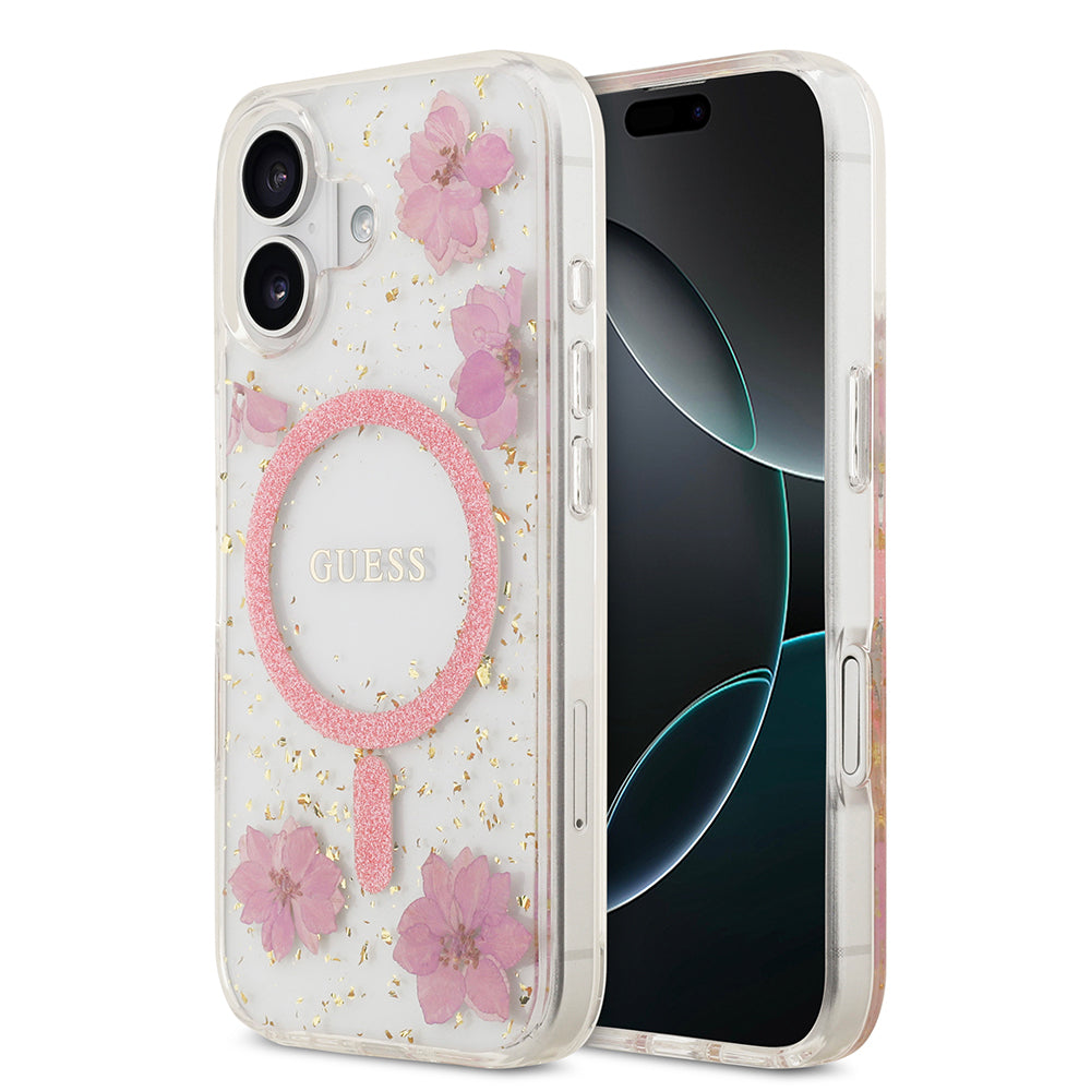 iPhone 17 Kılıf Guess Orjinal Lisanslı M-safe Şarj Özellikli Transparan Resin Flowers Kılıf