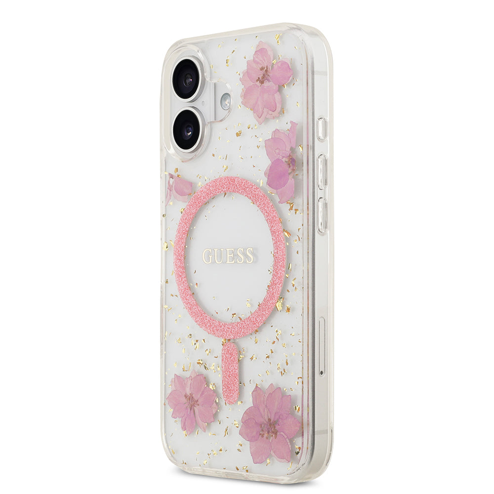 iPhone 17 Kılıf Guess Orjinal Lisanslı M-safe Şarj Özellikli Transparan Resin Flowers Kılıf
