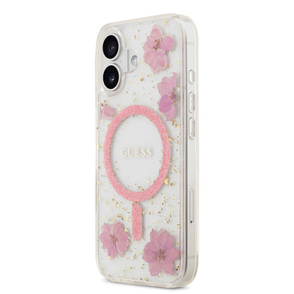 iPhone 17 Kılıf Guess Orjinal Lisanslı M-safe Şarj Özellikli Transparan Resin Flowers Kılıf