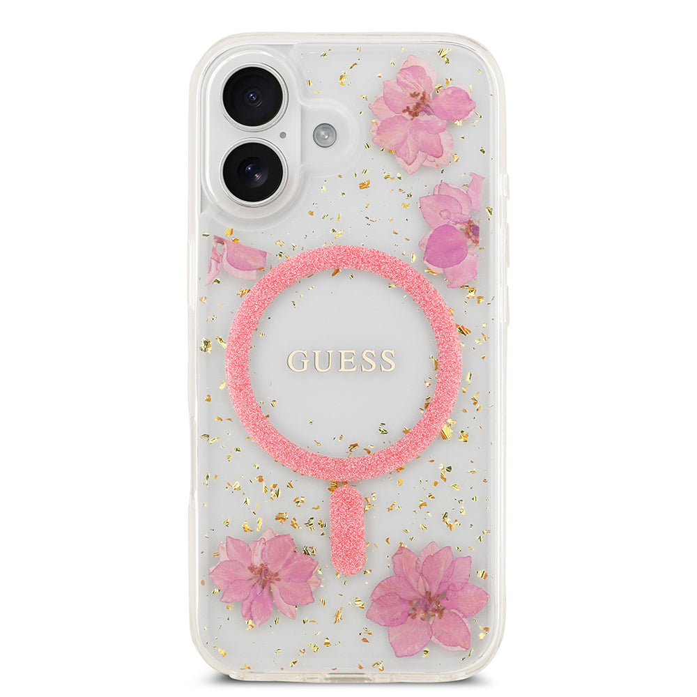 iPhone 17 Kılıf Guess Orjinal Lisanslı M-safe Şarj Özellikli Transparan Resin Flowers Kılıf