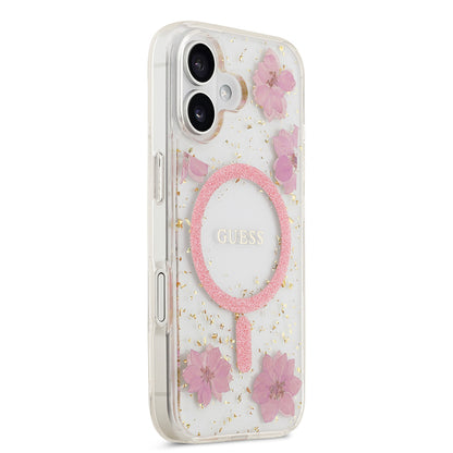 iPhone 17 Kılıf Guess Orjinal Lisanslı M-safe Şarj Özellikli Transparan Resin Flowers Kılıf