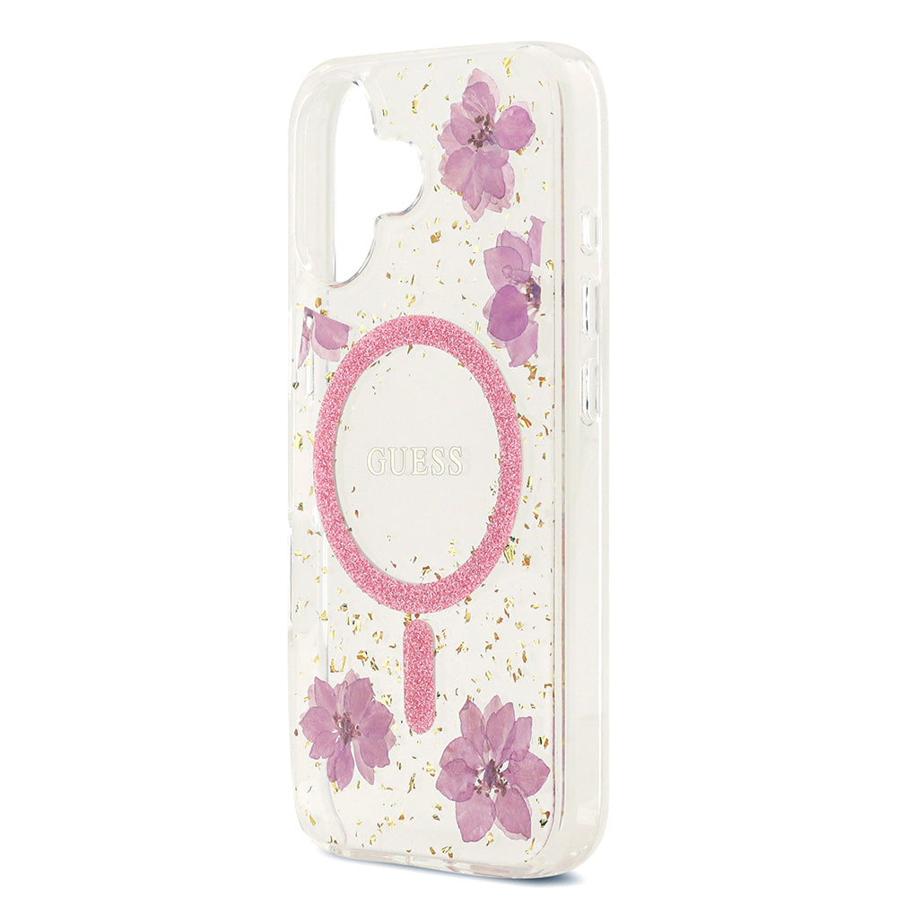 iPhone 17 Kılıf Guess Orjinal Lisanslı M-safe Şarj Özellikli Transparan Resin Flowers Kılıf