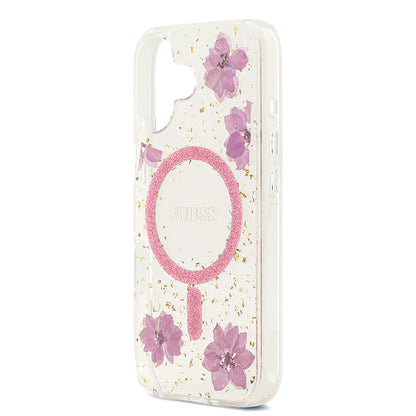 iPhone 17 Kılıf Guess Orjinal Lisanslı M-safe Şarj Özellikli Transparan Resin Flowers Kılıf