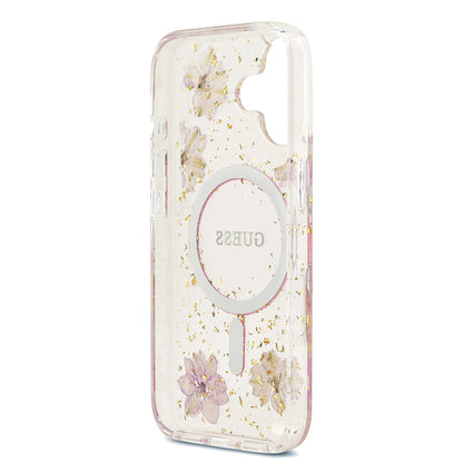 iPhone 17 Kılıf Guess Orjinal Lisanslı M-safe Şarj Özellikli Transparan Resin Flowers Kılıf