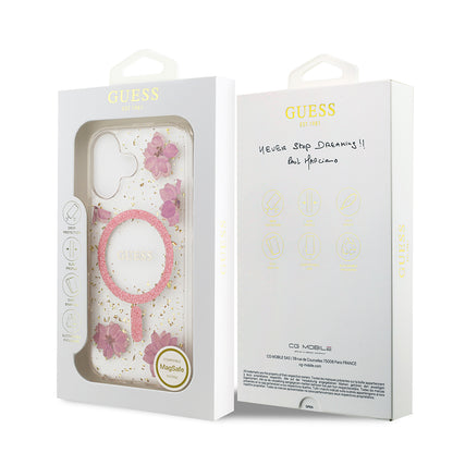 iPhone 17 Kılıf Guess Orjinal Lisanslı M-safe Şarj Özellikli Transparan Resin Flowers Kılıf