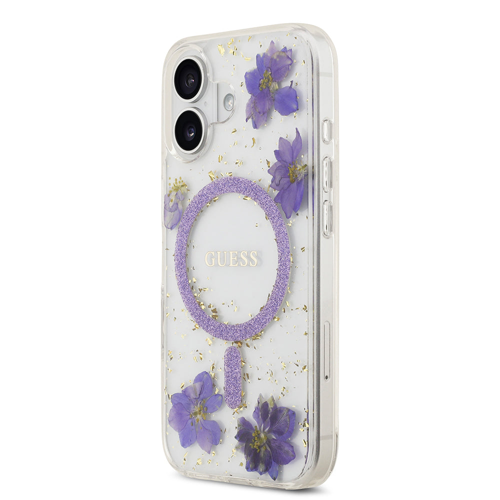 iPhone 17 Kılıf Guess Orjinal Lisanslı M-safe Şarj Özellikli Transparan Resin Flowers Kılıf