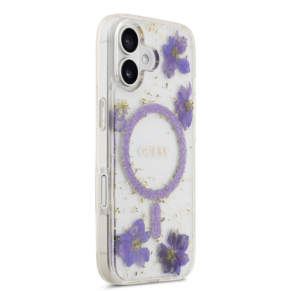 iPhone 17 Kılıf Guess Orjinal Lisanslı M-safe Şarj Özellikli Transparan Resin Flowers Kılıf