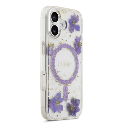 iPhone 17 Kılıf Guess Orjinal Lisanslı M-safe Şarj Özellikli Transparan Resin Flowers Kılıf