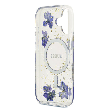 iPhone 17 Kılıf Guess Orjinal Lisanslı M-safe Şarj Özellikli Transparan Resin Flowers Kılıf